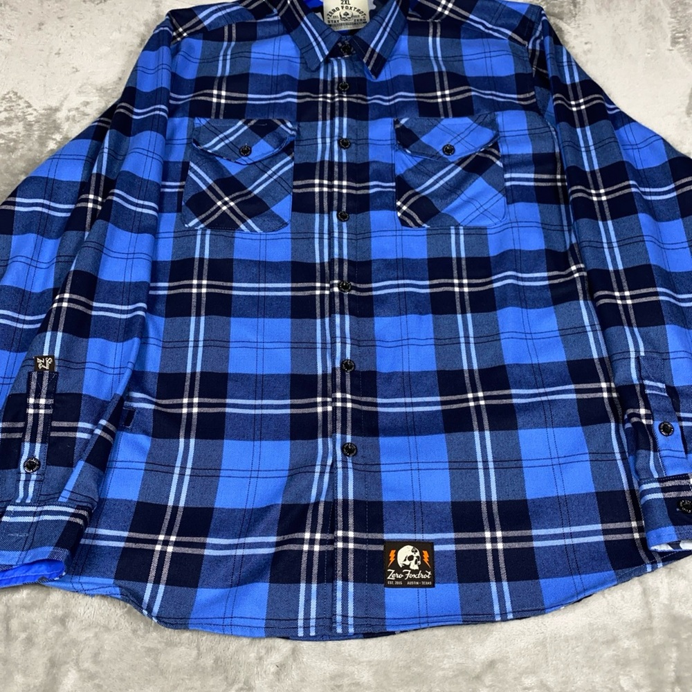 Zero Foxtrot Flannel Men’s 2XL Blue Plaid Camo Flip Cuff Side Pocket